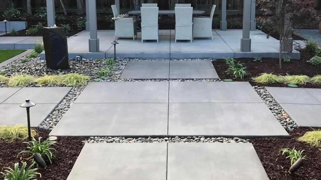 concrete color stepping pads in backyard re-do