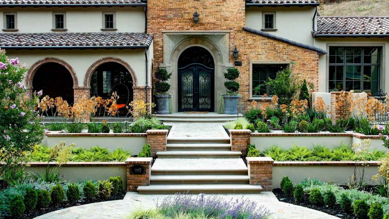 custom stone steps and entryway in los gatos landscape renovation
